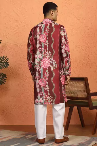 floral printed maroon cotton kurta with zip closure