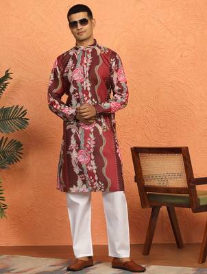 floral printed maroon cotton kurta with zip closure 4