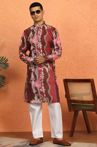 floral printed maroon cotton kurta with zip closure