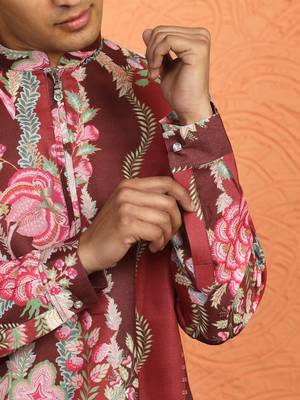 floral printed maroon cotton kurta with zip closure 5