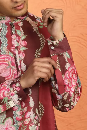 floral printed maroon cotton kurta with zip closure