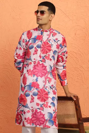 floral printed pink cotton kurta with zip closure