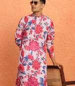 floral printed pink cotton kurta with zip closure