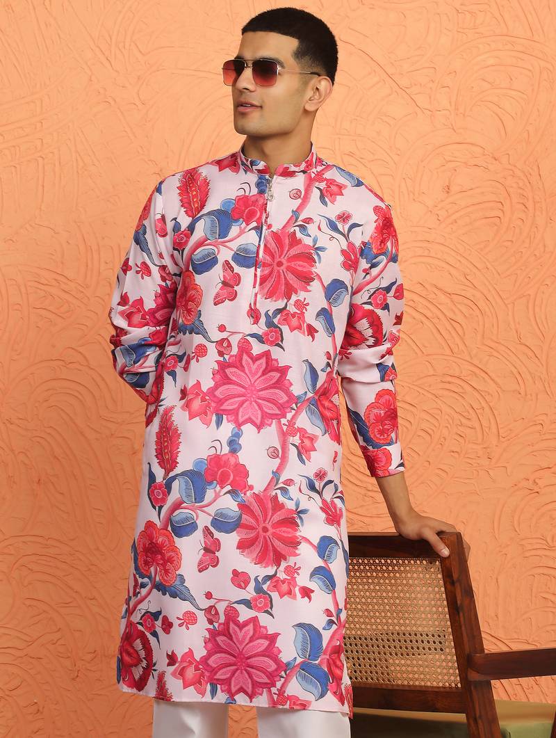 floral printed pink cotton kurta with zip closure