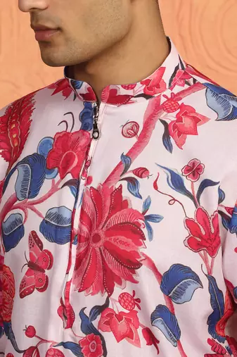 floral printed pink cotton kurta with zip closure