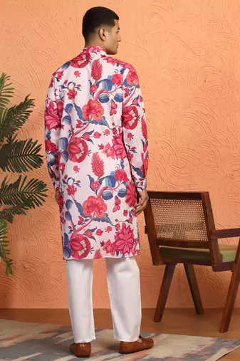 floral printed pink cotton kurta with zip closure