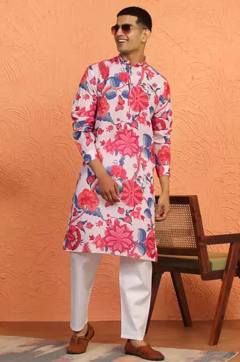 floral printed pink cotton kurta with zip closure