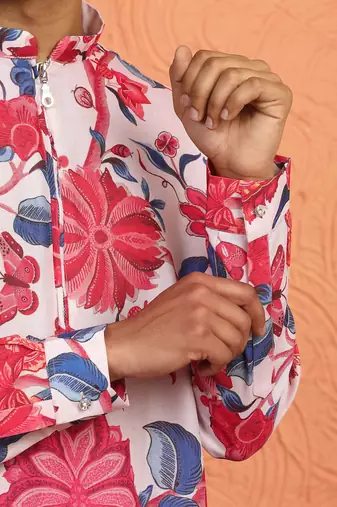 floral printed pink cotton kurta with zip closure