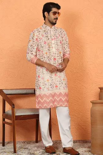 cotton blend floral printed chikankari beige kurta