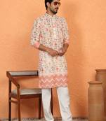cotton blend floral printed chikankari beige kurta