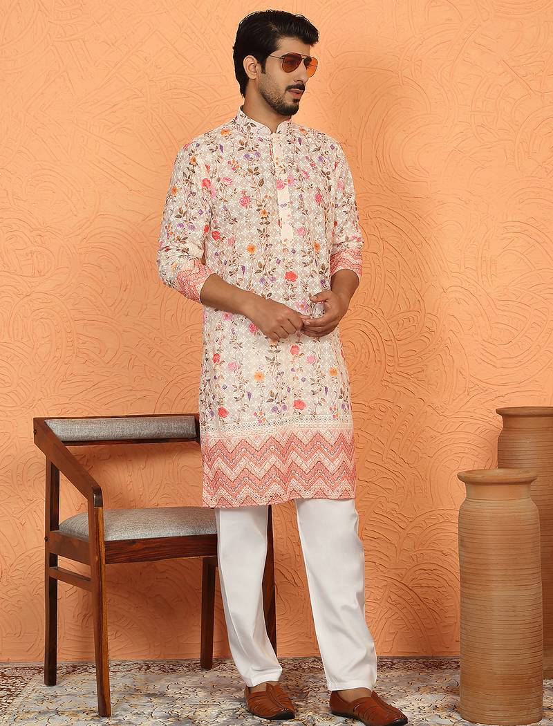 cotton blend floral printed chikankari beige kurta