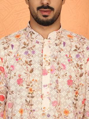 cotton blend floral printed chikankari beige kurta 2