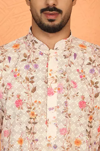 cotton blend floral printed chikankari beige kurta