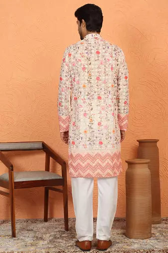 cotton blend floral printed chikankari beige kurta