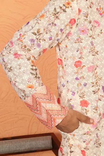 cotton blend floral printed chikankari beige kurta