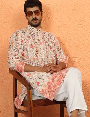 cotton blend floral printed chikankari beige kurta 5
