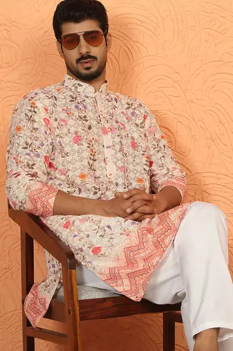 cotton blend floral printed chikankari beige kurta