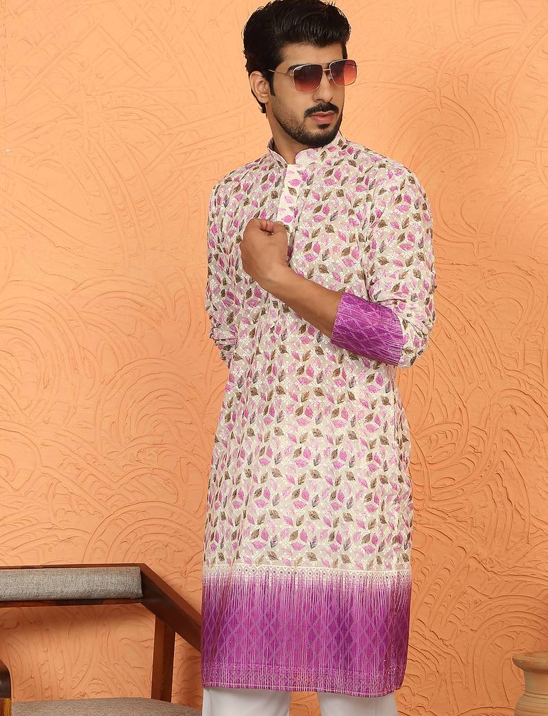 cotton blend floral printed chikankari purple kurta