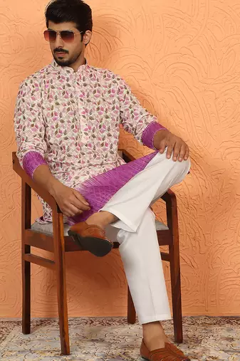 cotton blend floral printed chikankari purple kurta