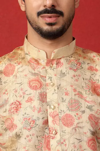 silk floral printed beige kurta