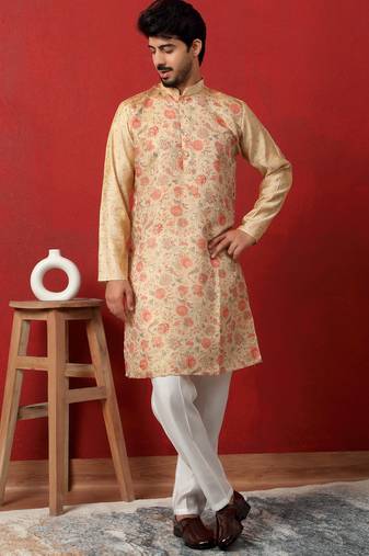 silk floral printed beige kurta
