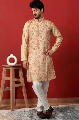 silk floral printed beige kurta