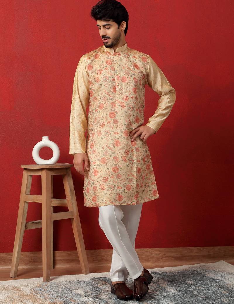 silk floral printed beige kurta