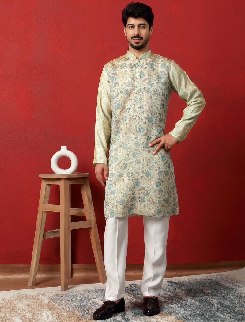 silk floral printed blue kurta