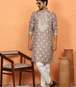 silk jacquard embroidered woven design beige kurta