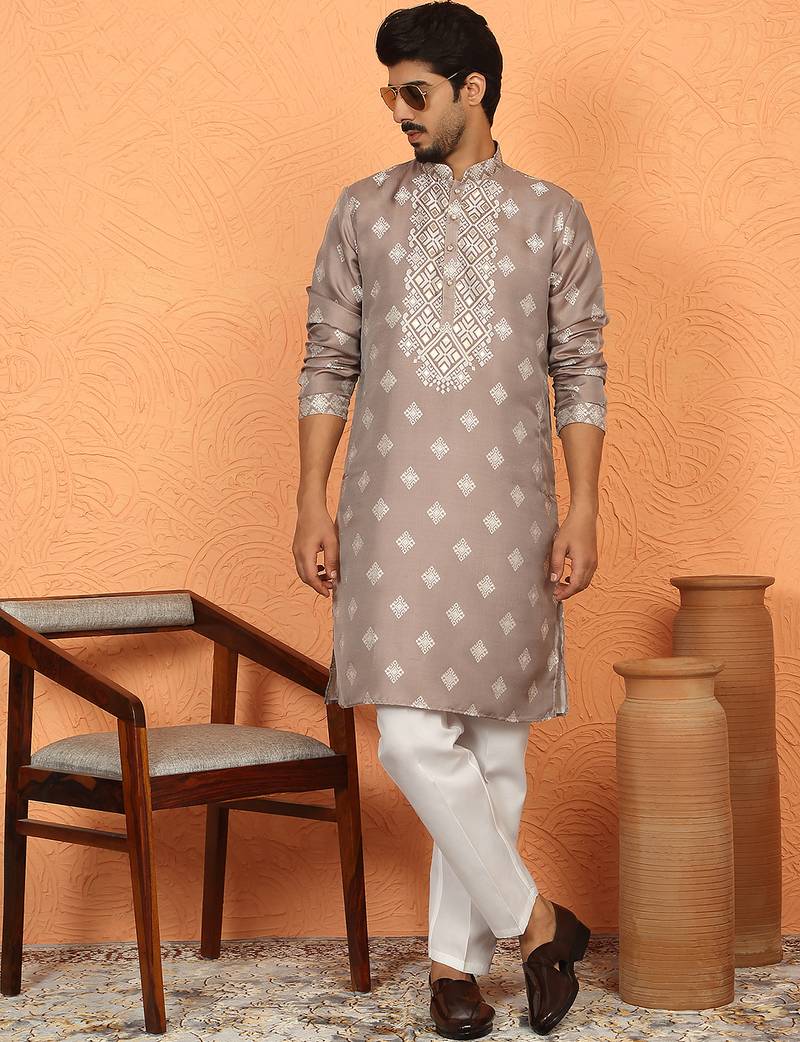 silk jacquard embroidered woven design beige kurta