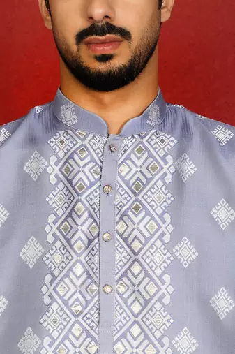 silk jacquard embroidered woven design blue kurta