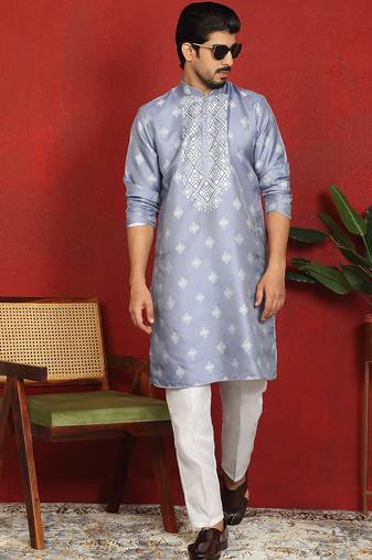 silk jacquard embroidered woven design blue kurta