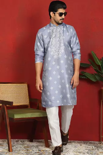 silk jacquard embroidered woven design blue kurta