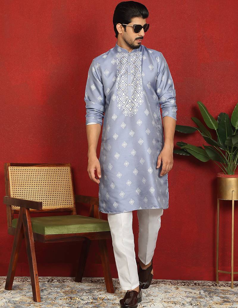 silk jacquard embroidered woven design blue kurta