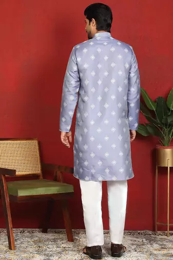 silk jacquard embroidered woven design blue kurta