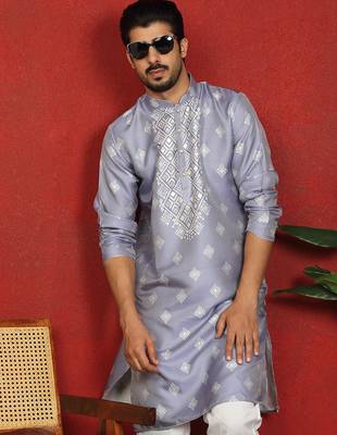 silk jacquard embroidered woven design blue kurta 5