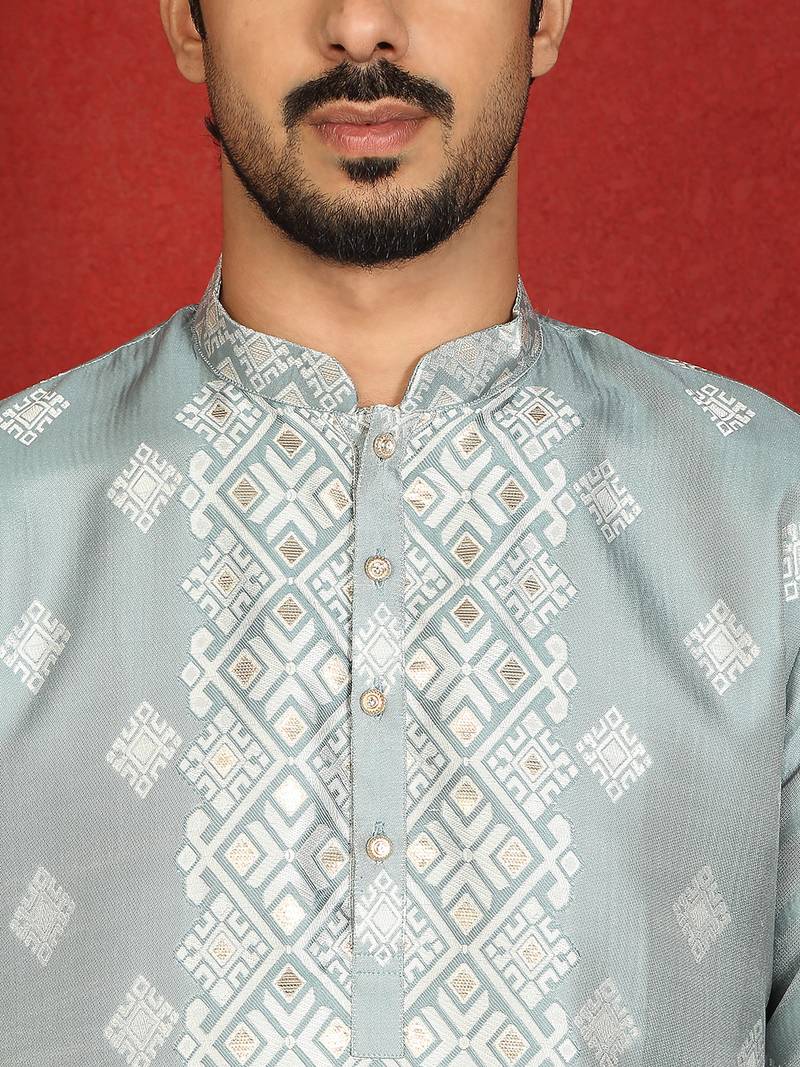silk jacquard embroidered woven design green kurta