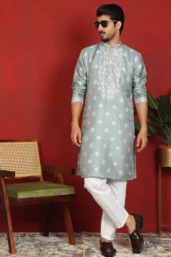 silk jacquard embroidered woven design green kurta