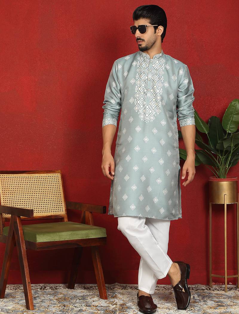 silk jacquard embroidered woven design green kurta