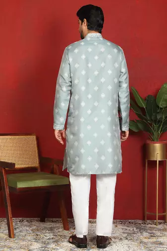 silk jacquard embroidered woven design green kurta