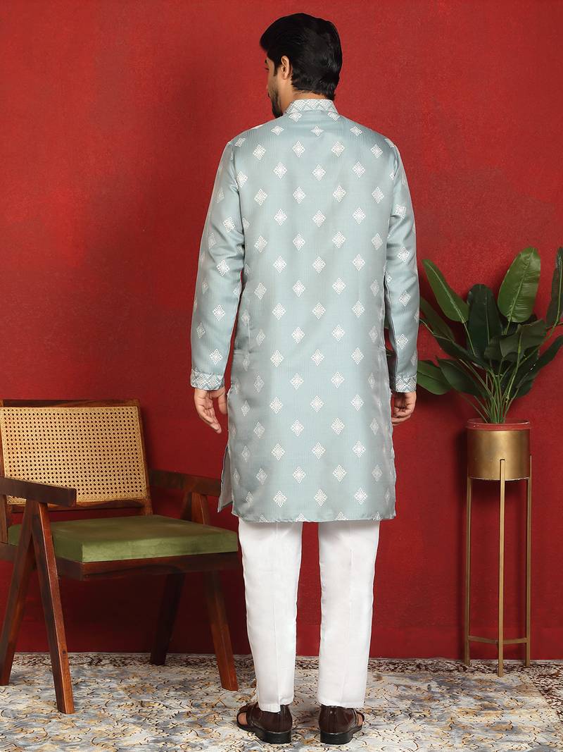 silk jacquard embroidered woven design green kurta