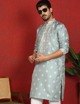 silk jacquard embroidered woven design green kurta 1