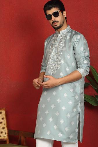silk jacquard embroidered woven design green kurta