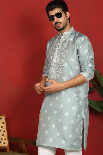 silk jacquard embroidered woven design green kurta