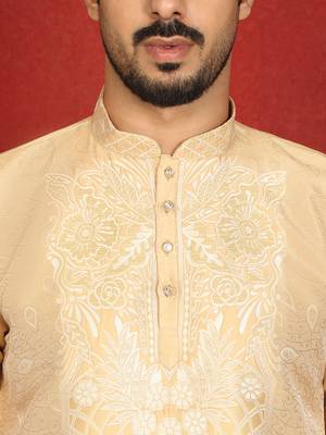 silk jacquard embroidered floral design beige kurta 2