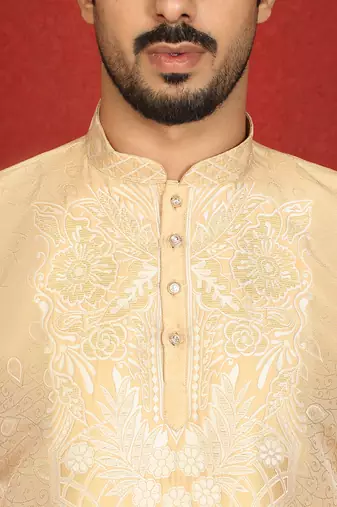 silk jacquard embroidered floral design beige kurta