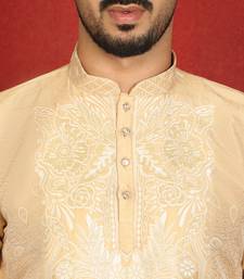 silk jacquard embroidered floral design beige kurta