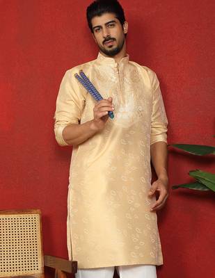 silk jacquard embroidered floral design beige kurta 3