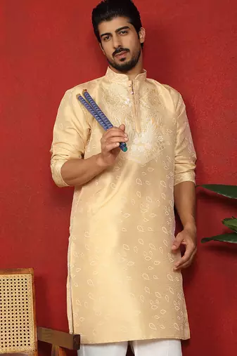 silk jacquard embroidered floral design beige kurta
