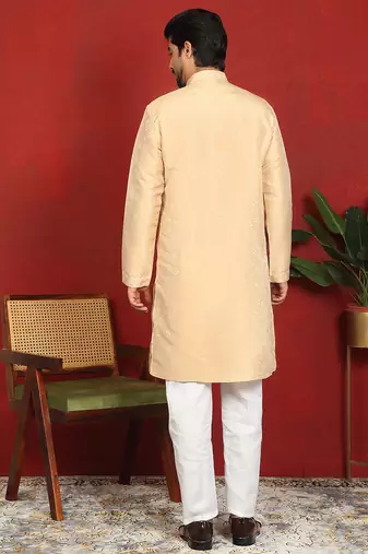 silk jacquard embroidered floral design beige kurta